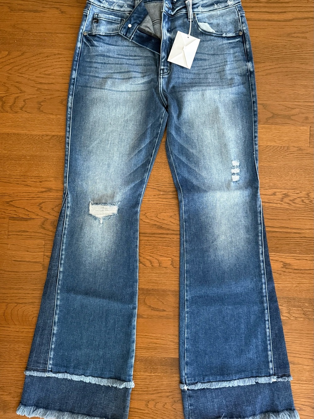 KanCan Medium Blue Distressed Frayed-Hem Flare Jeans